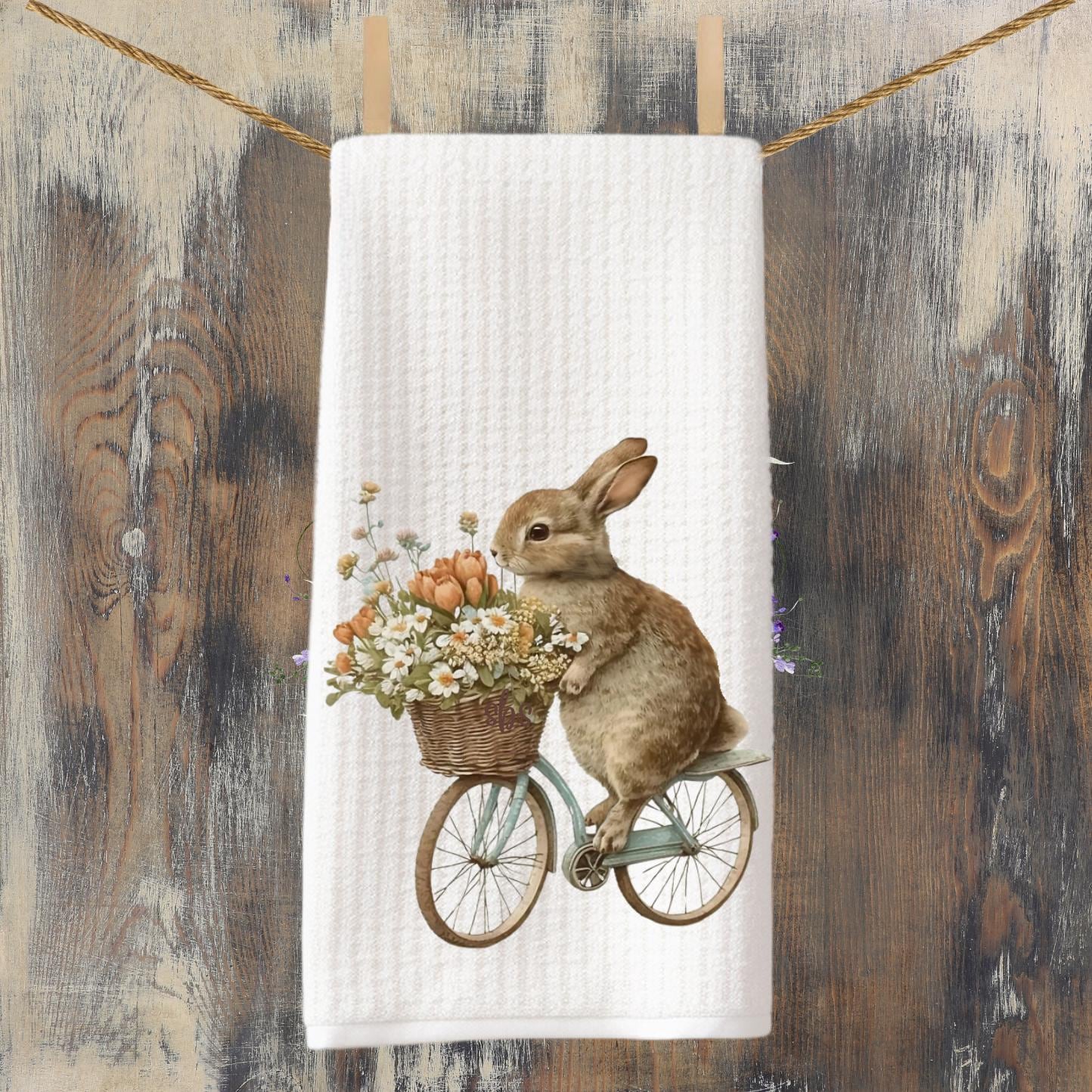 Bunny on a Bike Tea Towel Clover Decorative Bunny Rabbit Waffle Weave Towel Decoration Gift  Decorative Hostess Gift Kitchen