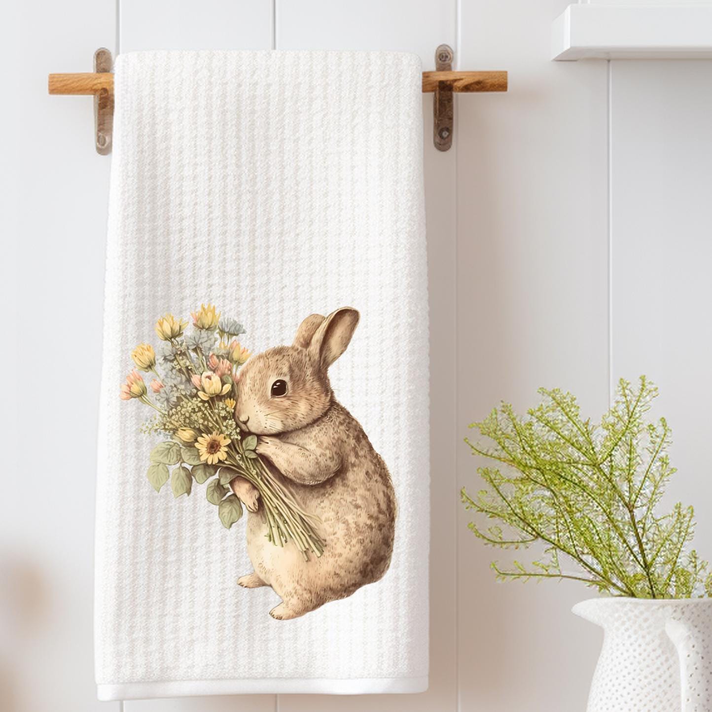 Bunny With A Bouquet Tea Towel Clover Decorative Bunny Rabbit Waffle Weave Towel Decoration Gift  Decorative Hostess Gift Kitchen