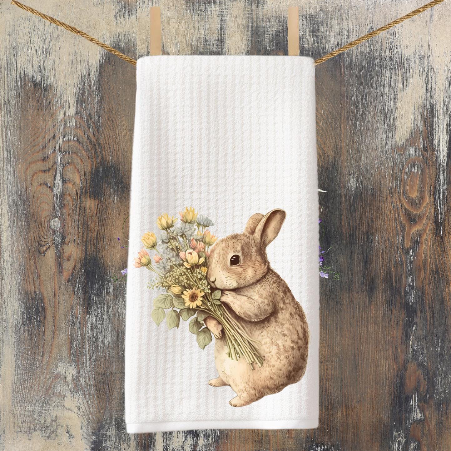 Bunny With A Bouquet Tea Towel Clover Decorative Bunny Rabbit Waffle Weave Towel Decoration Gift  Decorative Hostess Gift Kitchen