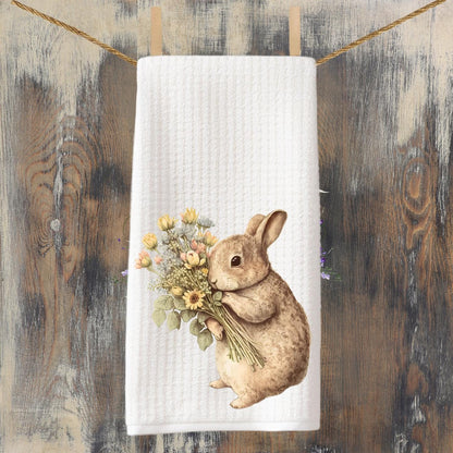 Bunny With A Bouquet Tea Towel Clover Decorative Bunny Rabbit Waffle Weave Towel Decoration Gift  Decorative Hostess Gift Kitchen