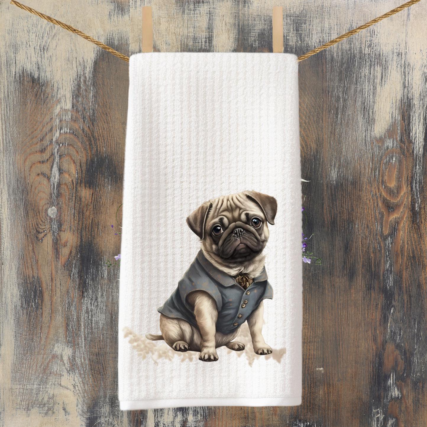 Dapper Pug Dog Tea Towel  Tea Towel | Decorative Dog Decor | Pug Dog | Pug Puppy | Dog Lover Gift