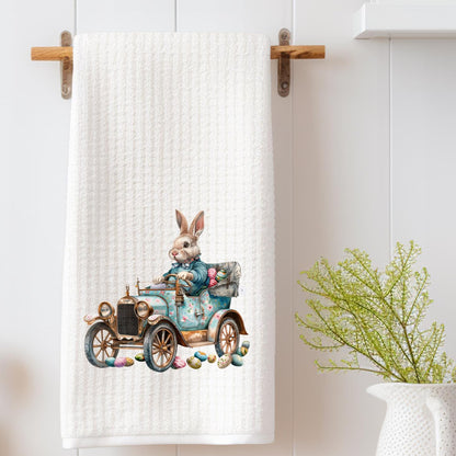 Easter Bunny Floral Decorative Tea Towel | Easter Eggs | Vintage Car | Waffle Weave Towel Small Gift Decorative Hostess Gift Kitchen Decor