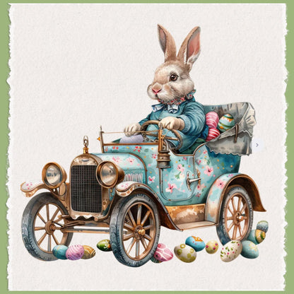 Easter Bunny Floral Decorative Tea Towel | Easter Eggs | Vintage Car | Waffle Weave Towel Small Gift Decorative Hostess Gift Kitchen Decor