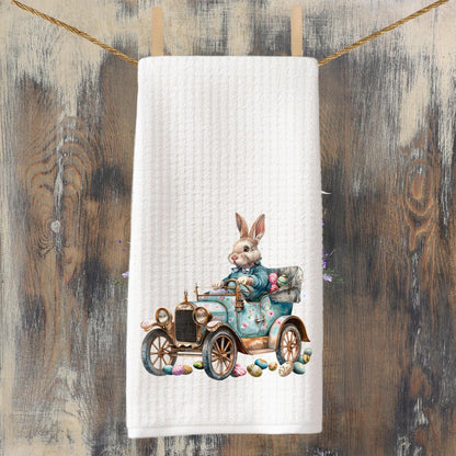 Easter Bunny Floral Decorative Tea Towel | Easter Eggs | Vintage Car | Waffle Weave Towel Small Gift Decorative Hostess Gift Kitchen Decor