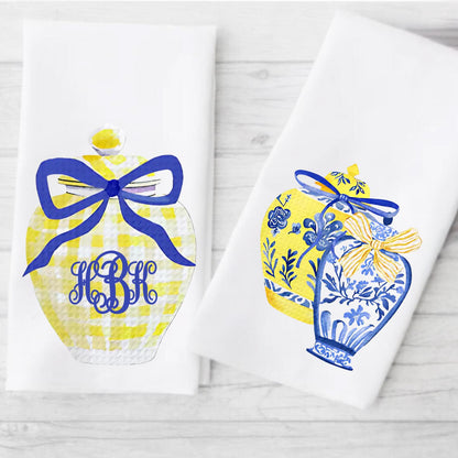 Preppy Monogram Tea Towel Set | Blue & Yellow Custom Tea Towel | Yellow Kitchen Decor | Preppy Chinoiserie Ginger Jar Grand Millienial