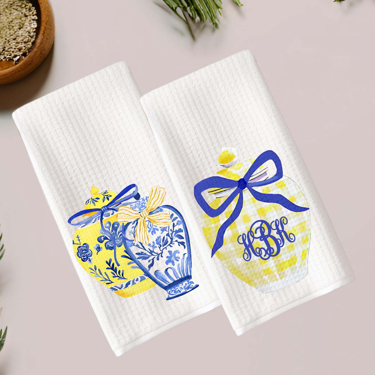 Preppy Monogram Tea Towel Set | Blue & Yellow Custom Tea Towel | Yellow Kitchen Decor | Preppy Chinoiserie Ginger Jar Grand Millienial