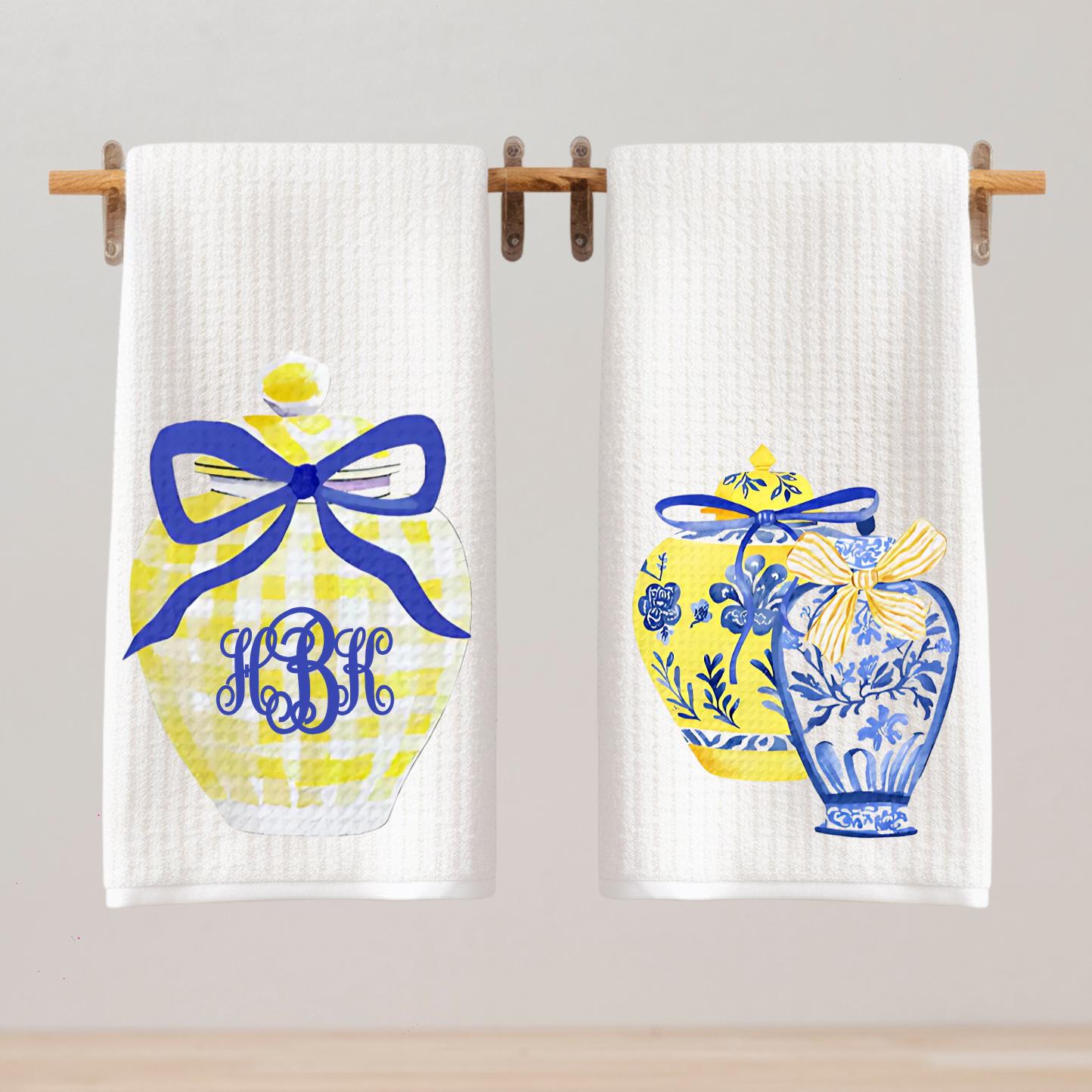 Preppy Monogram Tea Towel Set | Blue & Yellow Custom Tea Towel | Yellow Kitchen Decor | Preppy Chinoiserie Ginger Jar Grand Millienial