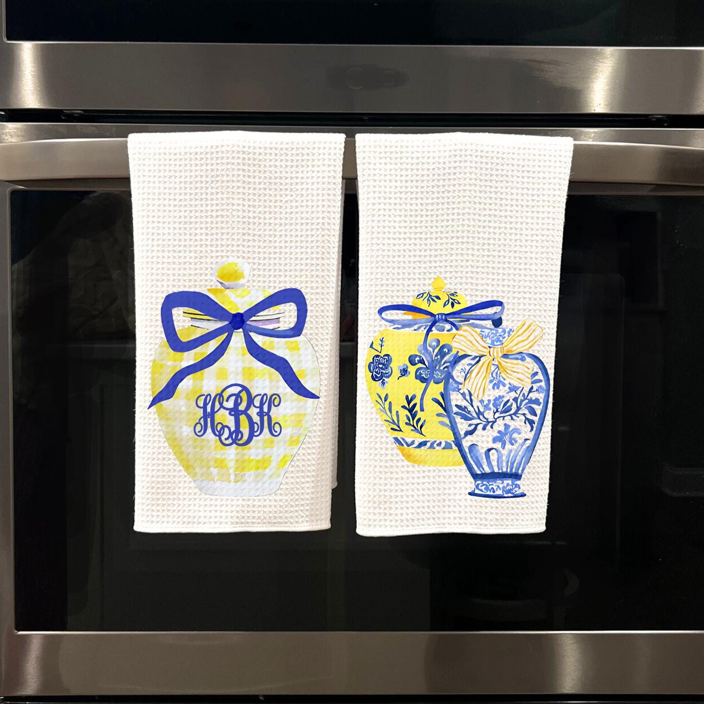 Preppy Monogram Tea Towel Set | Blue & Yellow Custom Tea Towel | Yellow Kitchen Decor | Preppy Chinoiserie Ginger Jar Grand Millienial