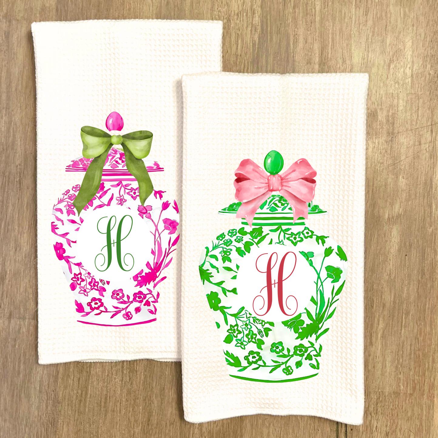 Preppy Monogram Towel Set | Pink & Green Ginger Jar | Custom Kitchen Decor | Chinoiserie | Hostess Housewarming Gift | Grandmillennial Chic