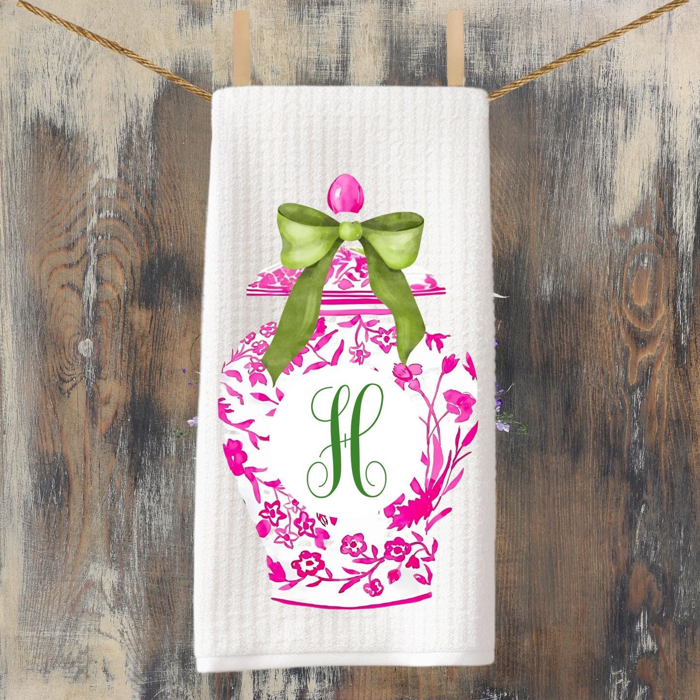 Preppy Monogram Towel Set | Pink & Green Ginger Jar | Custom Kitchen Decor | Chinoiserie | Hostess Housewarming Gift | Grandmillennial Chic