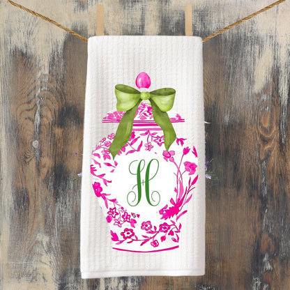 Preppy Monogram Towel Set | Pink & Green Ginger Jar | Custom Kitchen Decor | Chinoiserie | Hostess Housewarming Gift | Grandmillennial Chic