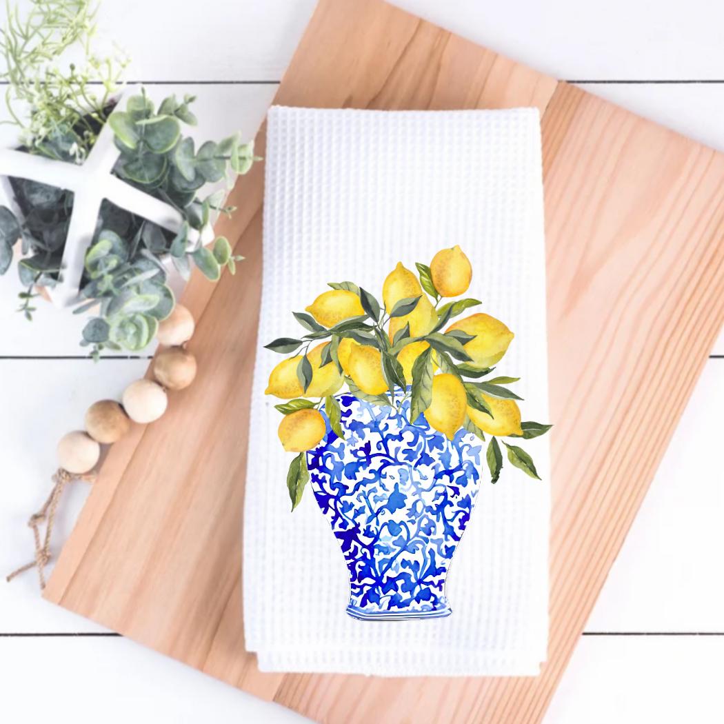 Blue and Yellow Chinoiserie Vase with Lemons Tea Towel | Blue & Yellow Kitchen Towel | Lemon Kitchen Decor | Preppy Grand Millenial | Gift