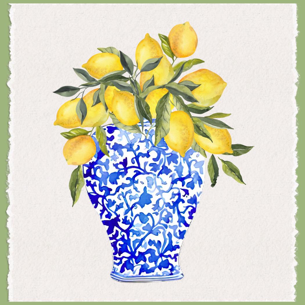 Blue and Yellow Chinoiserie Vase with Lemons Tea Towel | Blue & Yellow Kitchen Towel | Lemon Kitchen Decor | Preppy Grand Millenial | Gift