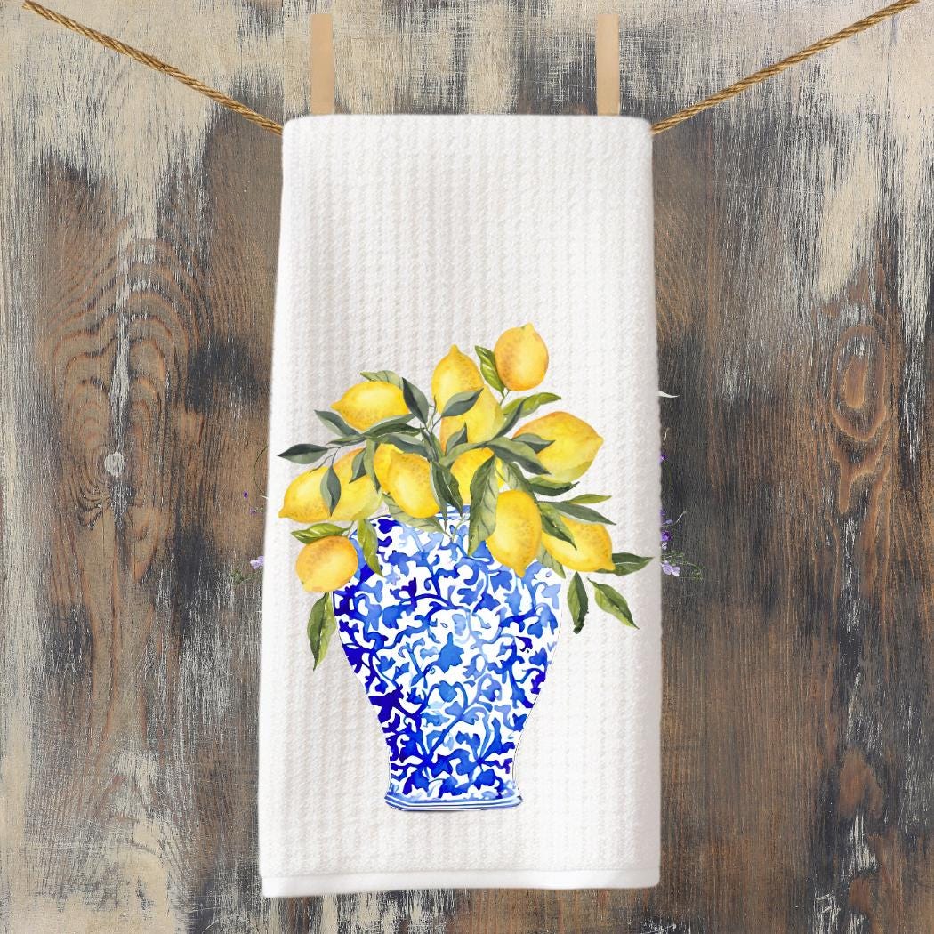 Blue and Yellow Chinoiserie Vase with Lemons Tea Towel | Blue & Yellow Kitchen Towel | Lemon Kitchen Decor | Preppy Grand Millenial | Gift