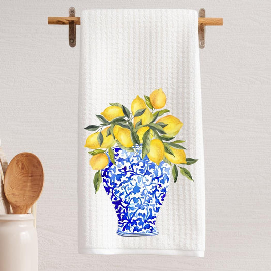 Blue and Yellow Chinoiserie Vase with Lemons Tea Towel | Blue & Yellow Kitchen Towel | Lemon Kitchen Decor | Preppy Grand Millenial | Gift