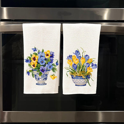 Blue and Yellow Chinoiserie Vase with Crocus Tea Towel | Spring Flowers | Crocus Kitchen Decor | Preppy Grand Millenial | Housewarming Gift