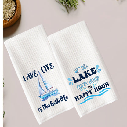 Lake Life and Happy Hour Tea Towel Set Sailboat Happy Hour Lake House Decor