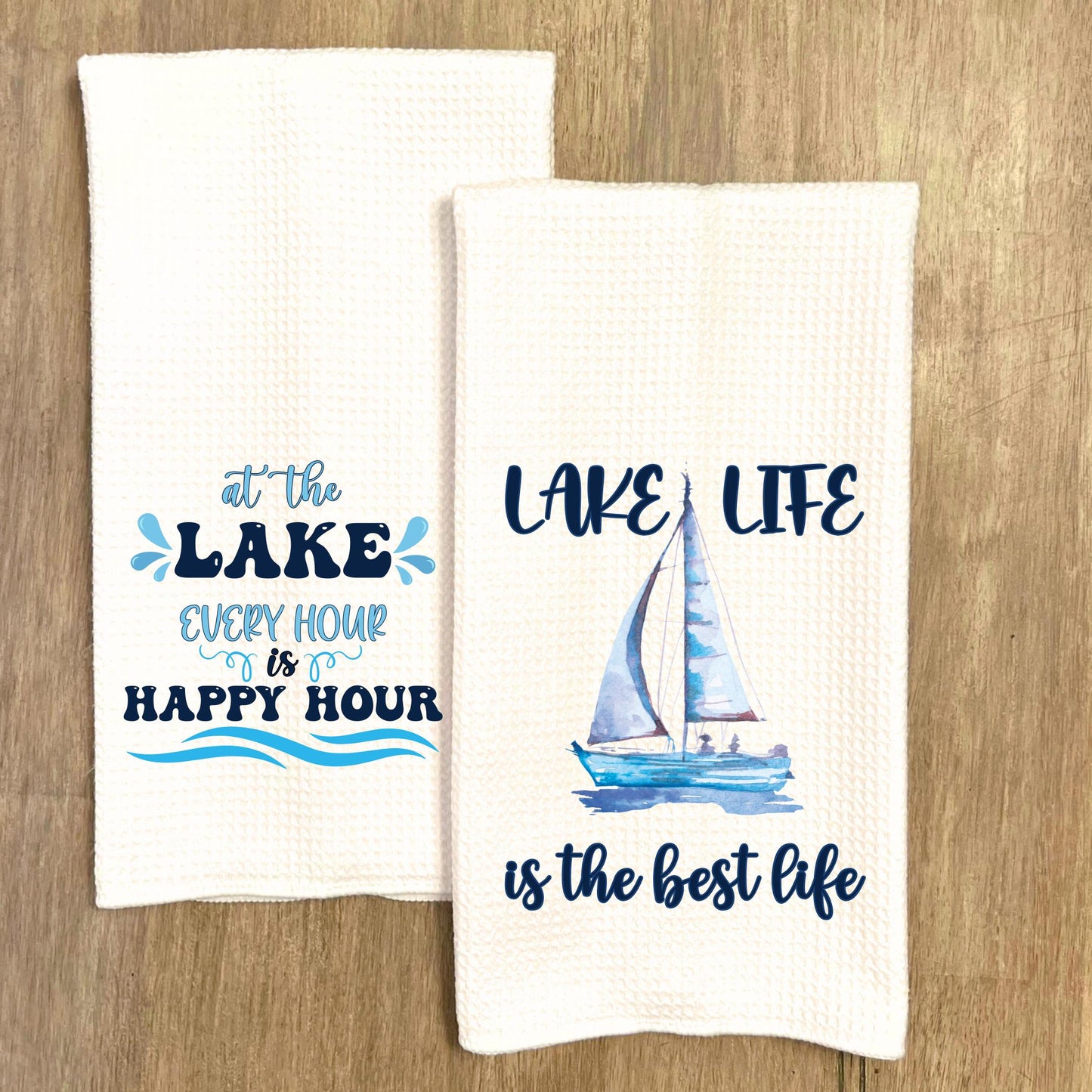 Lake Life Waffle Weave Tea Towel with Sailboat Design Perfect for Lake House Decor Summer Kitchen Essentials and Gifts