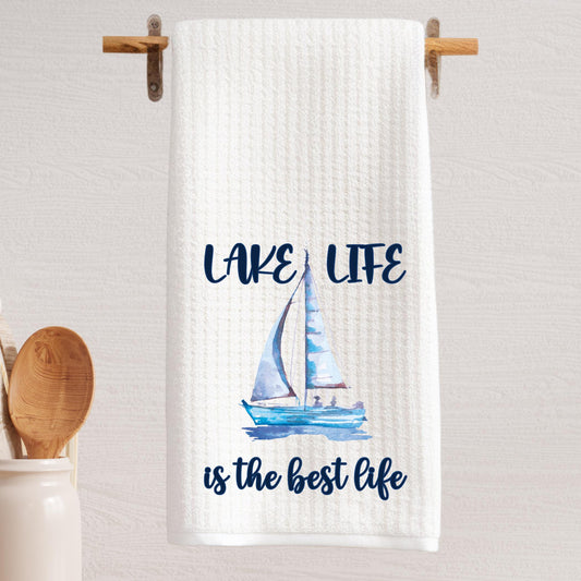 Lake Life Waffle Weave Tea Towel with Sailboat Design Perfect for Lake House Decor Summer Kitchen Essentials and Gifts