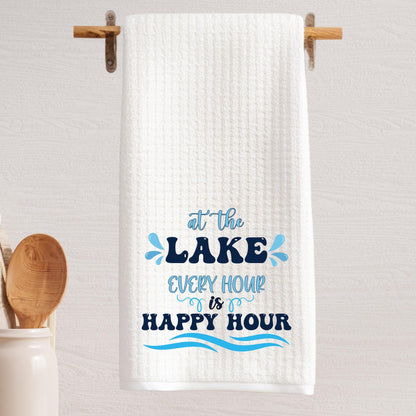 Happy Hour at the Lake Waffle Weave Tea Towel Perfect for Lake House Decor Summer Kitchen Essentials and Gifts