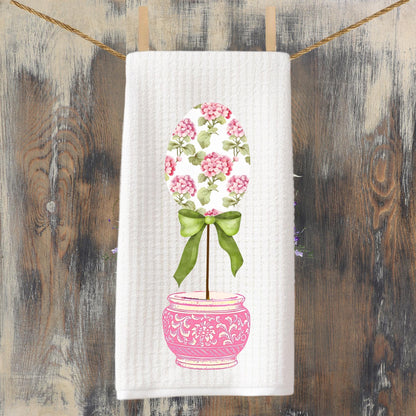 Pink Striped Bunny or Floral Egg Topiary Waffle Weave Tea Towel Perfect for Easter Spring Home Decor Cottage Kitchen Gift and Seasonal Charm