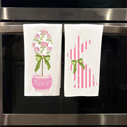 Pink Striped Bunny or Floral Egg Topiary Waffle Weave Tea Towel Perfect for Easter Spring Home Decor Cottage Kitchen Gift and Seasonal Charm