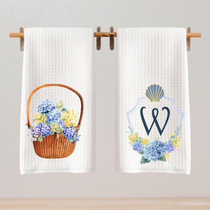 Nantucket Basket Hydrangea Waffle Weave Tea Towel Perfect for Coastal Kitchen Decor Summer Beach House Style and Cottage Charm
