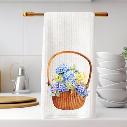 Nantucket Basket Hydrangea Waffle Weave Tea Towel Perfect for Coastal Kitchen Decor Summer Beach House Style and Cottage Charm
