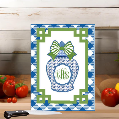 Glass Cutting Board Custom Personalized Monogram Chopping or Bar Trivet Chinoiserie Ginger Jar Pink and Green Kitchen Decor Hostess Gift