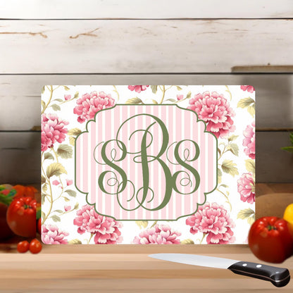 Personalized Floral Monogram Glass Cutting Board - Pink & Green Cottagecore Kitchen Decor - Elegant Custom Hostess Gift - Hydrangea Floral