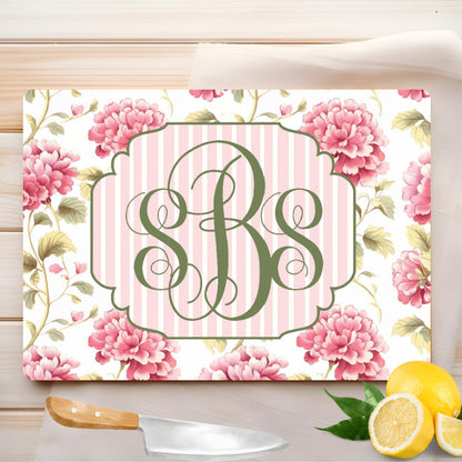 Personalized Floral Monogram Glass Cutting Board - Pink & Green Cottagecore Kitchen Decor - Elegant Custom Hostess Gift - Hydrangea Floral