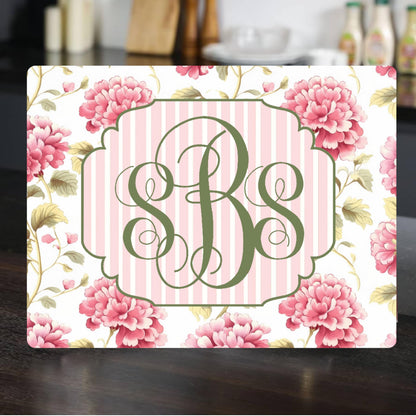 Personalized Floral Monogram Glass Cutting Board - Pink & Green Cottagecore Kitchen Decor - Elegant Custom Hostess Gift - Hydrangea Floral