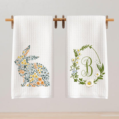 Floral Bunny or Monogram Egg Easter Decor Tea Towel Choose Rabbit or Initial Spring Kitchen Decor Cottage Hostess Housewarming Small Gift