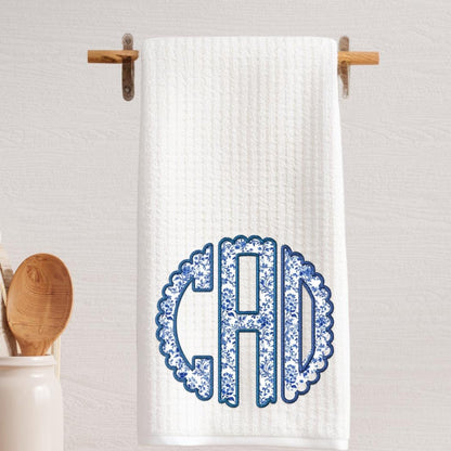 Circle Monogram Chinoiserie Blue and White Tea Towel | Preppy Kitchen Decor | Deflt Blue Decor | Grand Millenial Personalized Cottage Chic