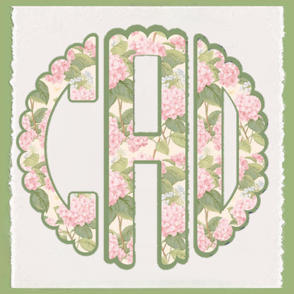 Circle Monogram Chinoiserie Pink and Green Tea Towel | Preppy Kitchen Decor | Shabby Chic | Grand Millenial Personalized Cottage Hydrangea