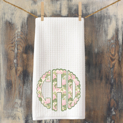 Circle Monogram Chinoiserie Pink and Green Tea Towel | Preppy Kitchen Decor | Shabby Chic | Grand Millenial Personalized Cottage Hydrangea