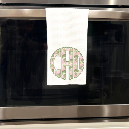 Circle Monogram Chinoiserie Pink and Green Tea Towel | Preppy Kitchen Decor | Shabby Chic | Grand Millenial Personalized Cottage Hydrangea
