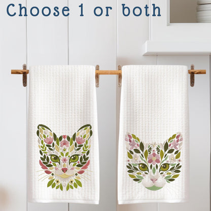 Embroidered Floral Cat Face Tea Towel Collection Waffle Weave Cat Lover Decor