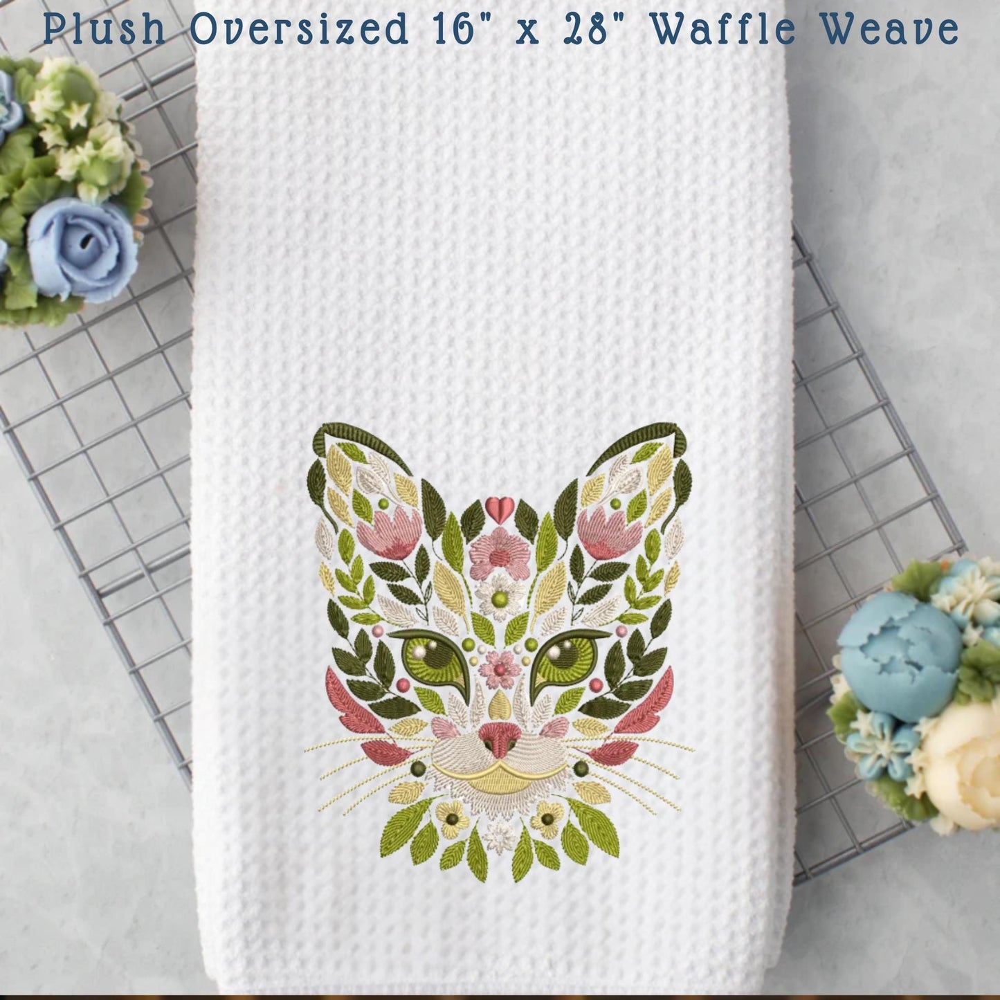 Embroidered Floral Cat Face Tea Towel Collection Waffle Weave Cat Lover Decor