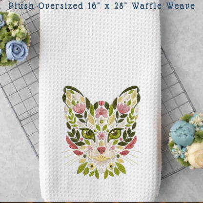 Embroidered Floral Cat Face Tea Towel Collection Waffle Weave Cat Lover Decor