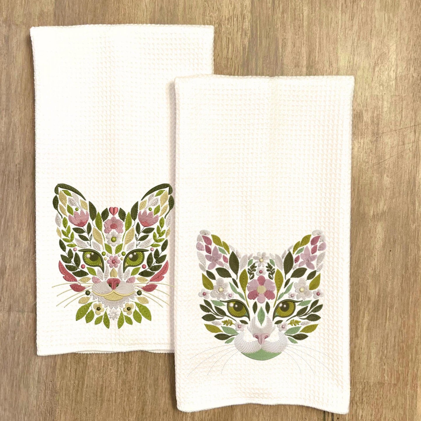 Embroidered Floral Cat Face Tea Towel Collection Waffle Weave Cat Lover Decor