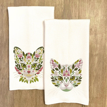 Embroidered Floral Cat Face Tea Towel Collection Waffle Weave Cat Lover Decor