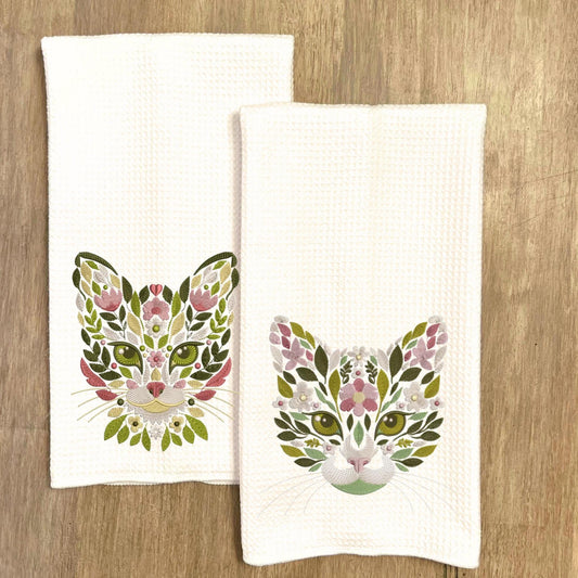 Embroidered Floral Cat Face Tea Towel Collection Waffle Weave Cat Lover Decor