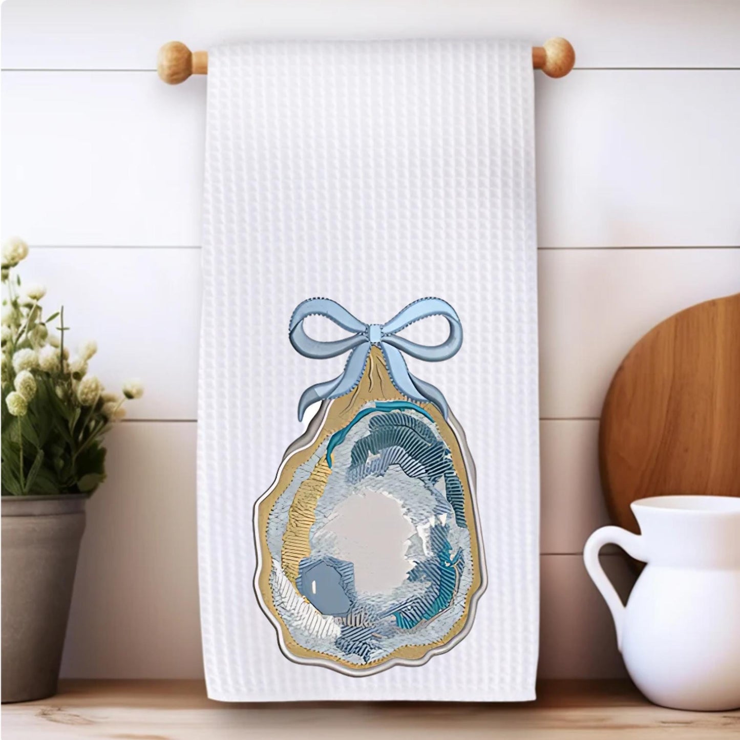 Coastal Oyster Waffle Weave Tea Towel Set: Beach House Decor