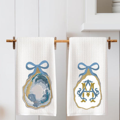 Coastal Oyster Waffle Weave Tea Towel Set: Beach House Decor