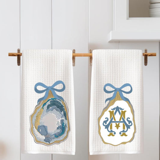 Coastal Oyster Waffle Weave Tea Towel Set: Beach House Decor