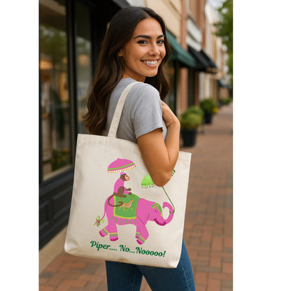 Piper No Nooo Tote Bag | Personalized Pink Elephant Canvas Market Bag Gift