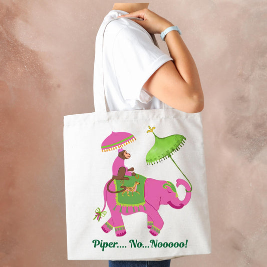 Piper No Nooo Tote Bag | Personalized Pink Elephant Canvas Market Bag Gift