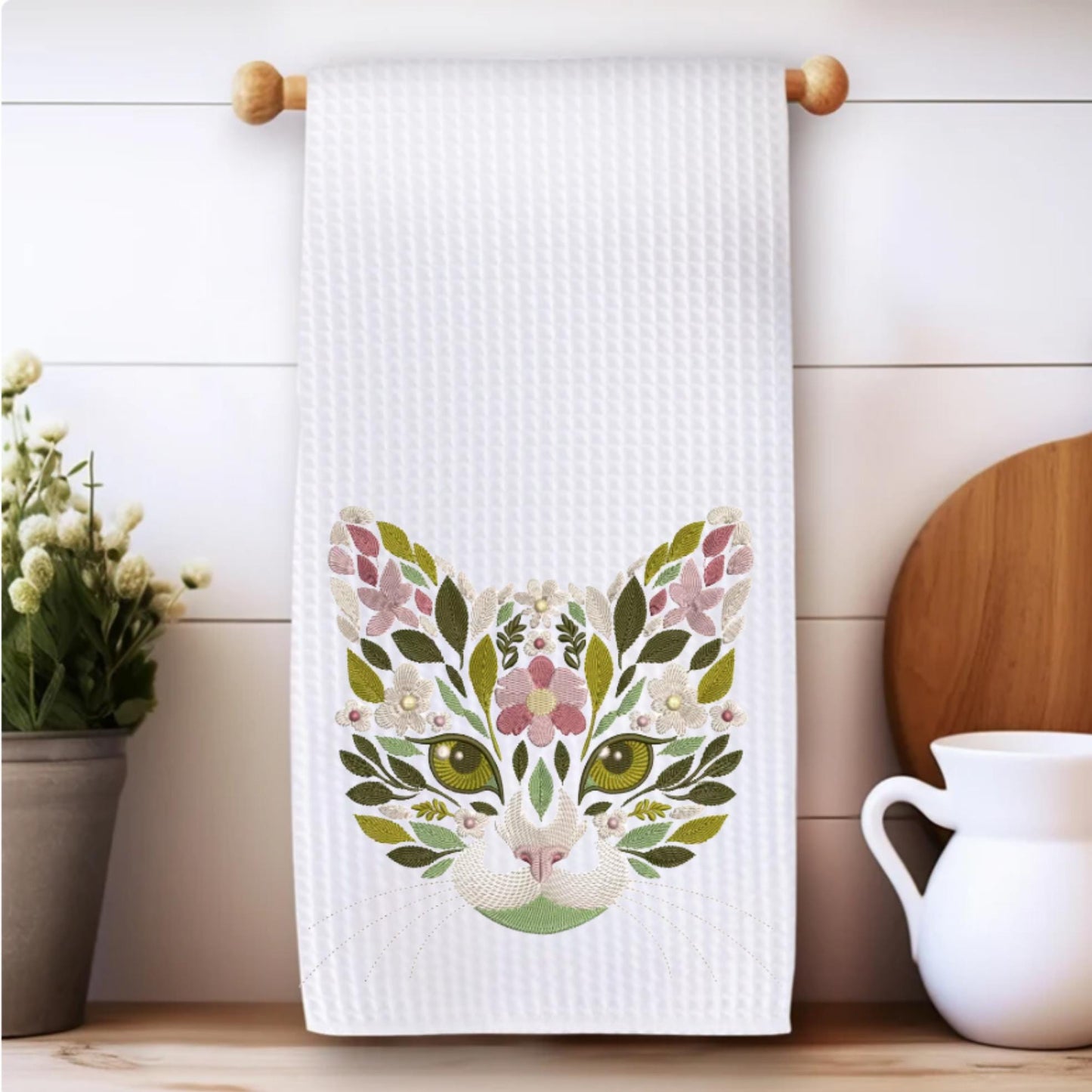 Embroidered Floral Cat Face Tea Towel Collection Waffle Weave Cat Lover Decor