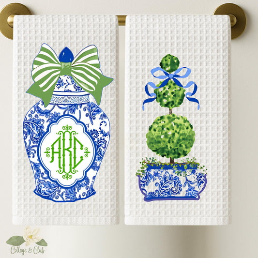 Blue & White Ginger Jar Topiary Tea Towel Collection